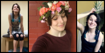 Three pictures of a light-skinned femme with long, dark hair and a bright smile: on a PT table wearing knee braces, wearing a flower crown, and holding the top of a pineapple on her head