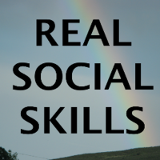 Real Social Skills logo; bold text on a background with mountains, overcast sky, and rainbow